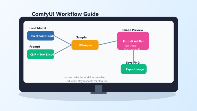 Illustrated ComfyUI node workflow guide showing model loading, prompt nodes, sampler, preview, and PNG export for AI images