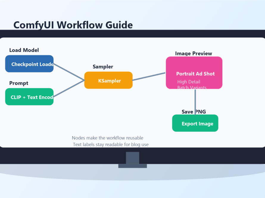Illustrated ComfyUI node workflow guide showing model loading, prompt nodes, sampler, preview, and PNG export for AI images