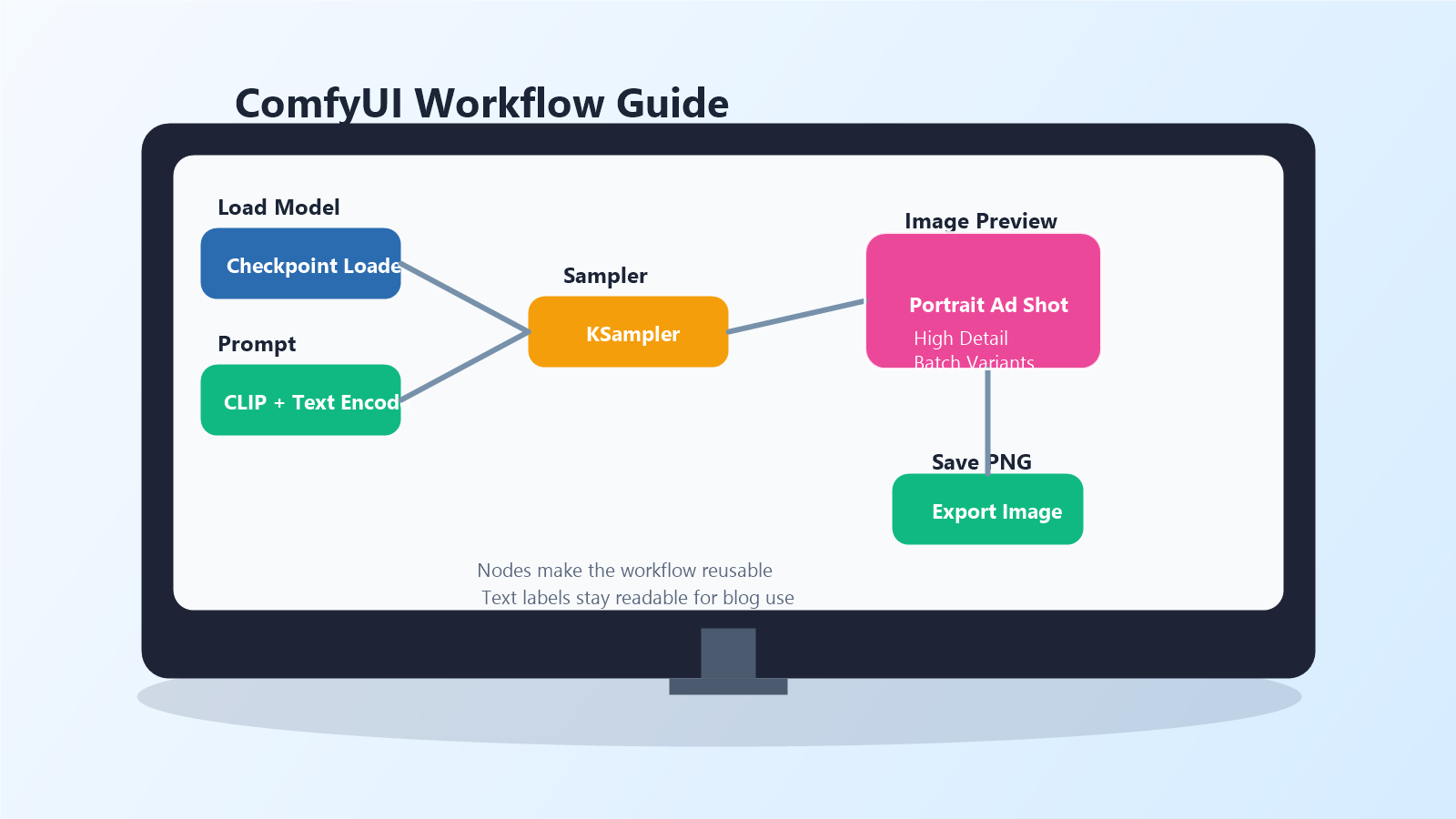 Illustrated ComfyUI node workflow guide showing model loading, prompt nodes, sampler, preview, and PNG export for AI images