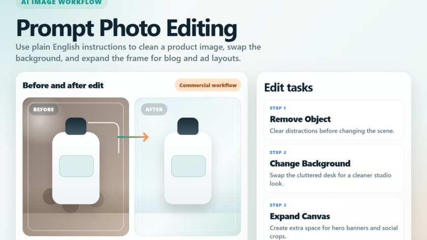 Concrete editorial illustration of prompt-based AI photo editing with a product photo changing background, removing an object, and expanding the canvas