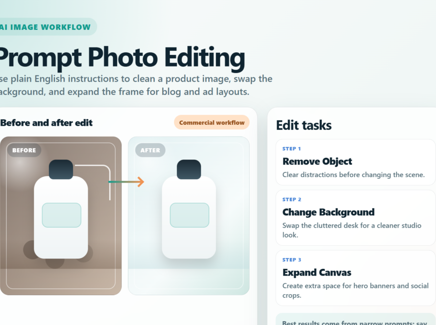 Concrete editorial illustration of prompt-based AI photo editing with a product photo changing background, removing an object, and expanding the canvas