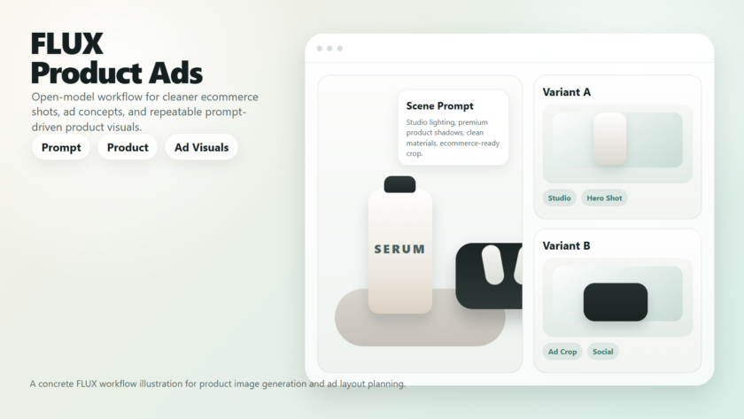 Concrete editorial illustration showing a FLUX product image workflow with a cosmetic bottle, gadget, prompt cards, and ad layout labels