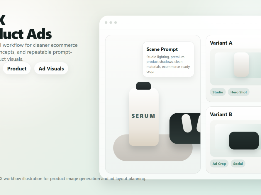 Concrete editorial illustration showing a FLUX product image workflow with a cosmetic bottle, gadget, prompt cards, and ad layout labels