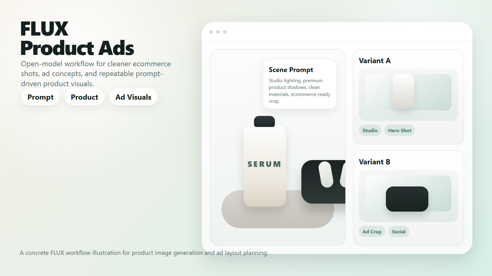 Concrete editorial illustration showing a FLUX product image workflow with a cosmetic bottle, gadget, prompt cards, and ad layout labels
