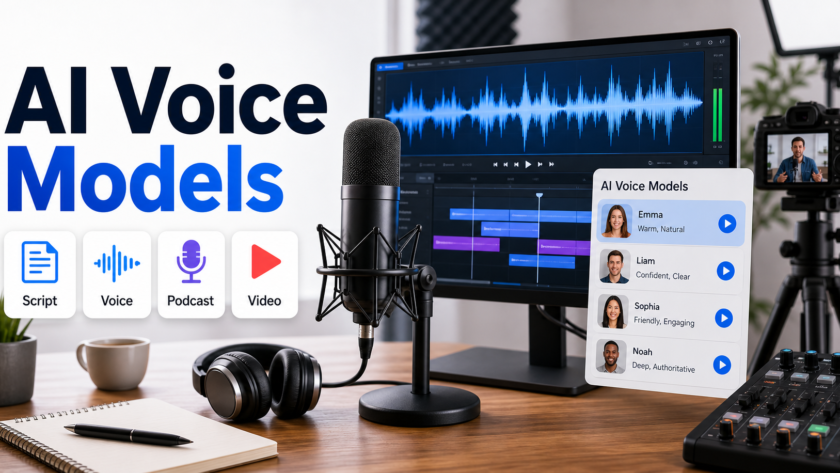 Creator desk with microphone, waveform monitor, podcast timeline, and AI voice model labels for video and podcasts