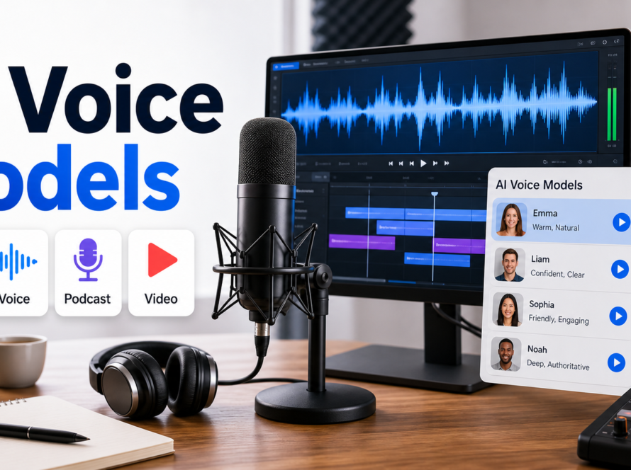 Creator desk with microphone, waveform monitor, podcast timeline, and AI voice model labels for video and podcasts