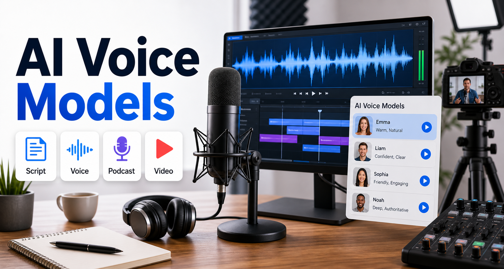 Creator desk with microphone, waveform monitor, podcast timeline, and AI voice model labels for video and podcasts
