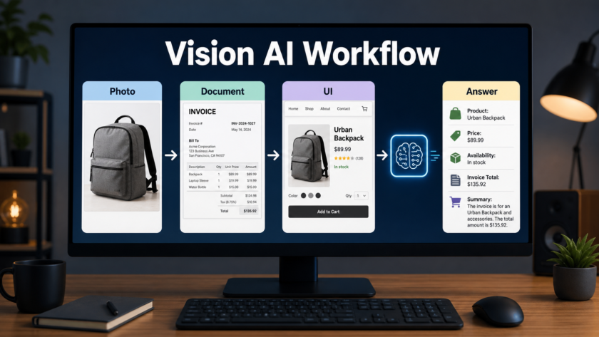 Vision language model workflow analyzing a product photo, document, UI screenshot, and text answer panel