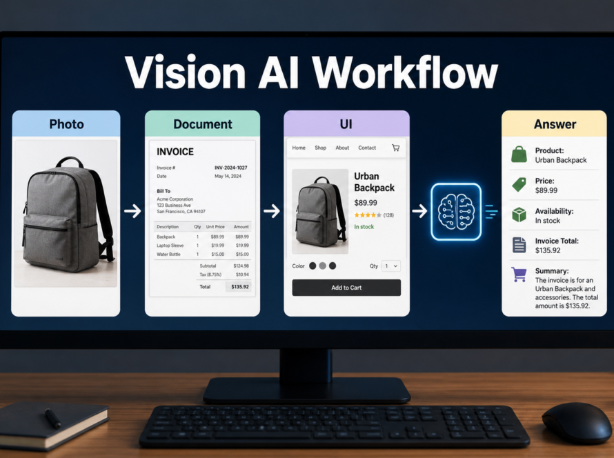 Vision language model workflow analyzing a product photo, document, UI screenshot, and text answer panel