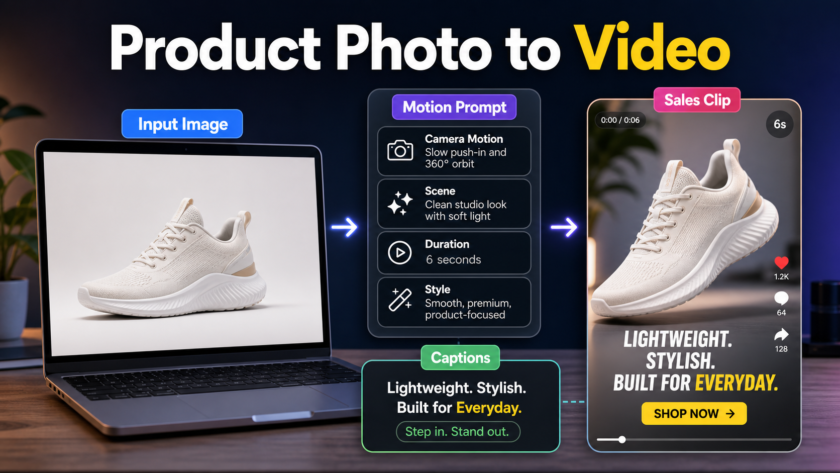 Image to video AI workflow turning a sneaker product photo into a short sales clip with motion prompt and captions