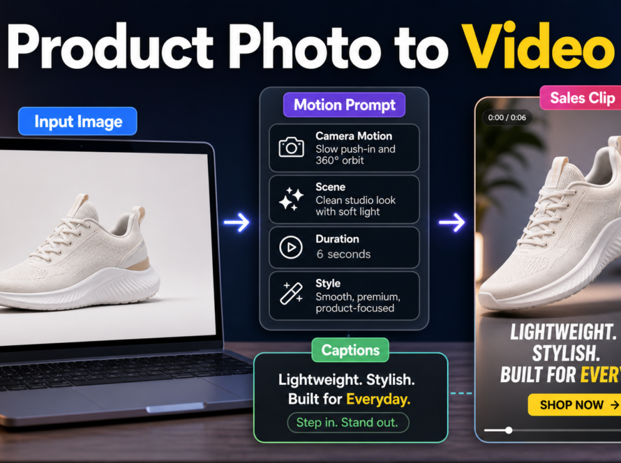 Image to video AI workflow turning a sneaker product photo into a short sales clip with motion prompt and captions
