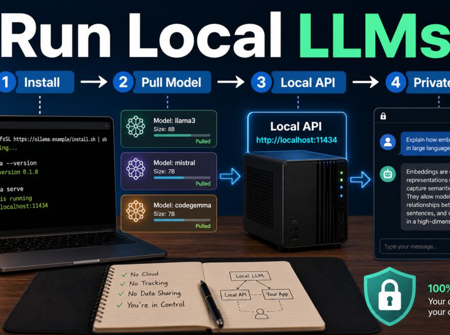 Developer laptop running open-source LLMs locally with Ollama workflow labels for install, model pull, private chat, and local API