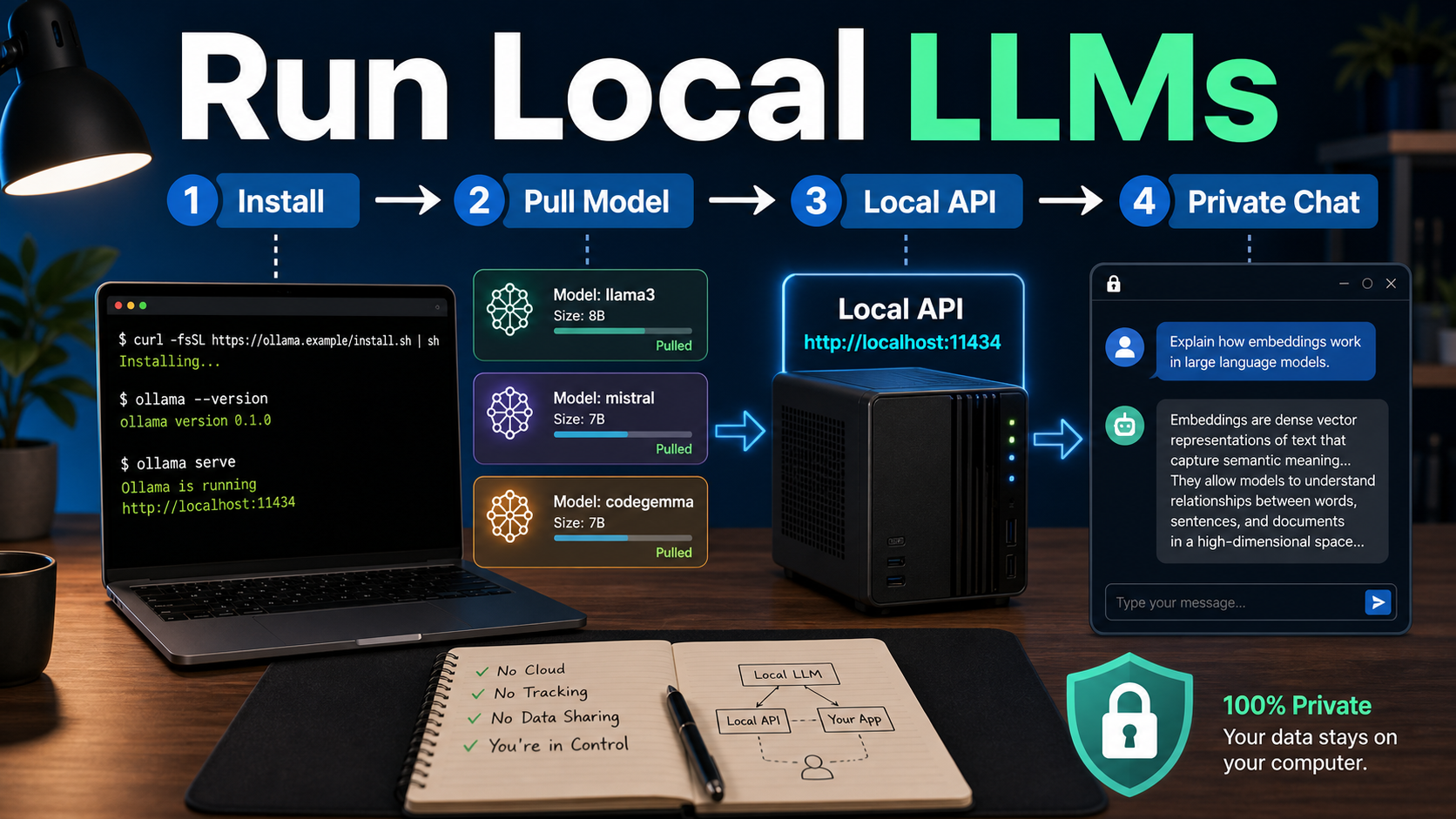 Developer laptop running open-source LLMs locally with Ollama workflow labels for install, model pull, private chat, and local API