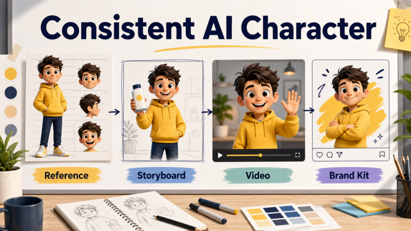 Consistent AI character workflow showing reference sheet, storyboard frame, video scene, and brand kit
