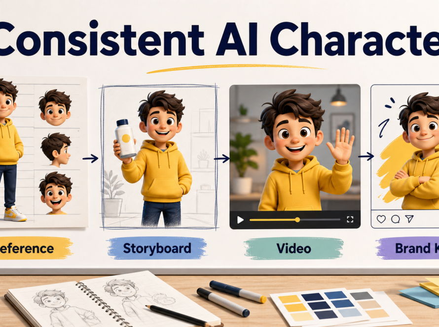 Consistent AI character workflow showing reference sheet, storyboard frame, video scene, and brand kit