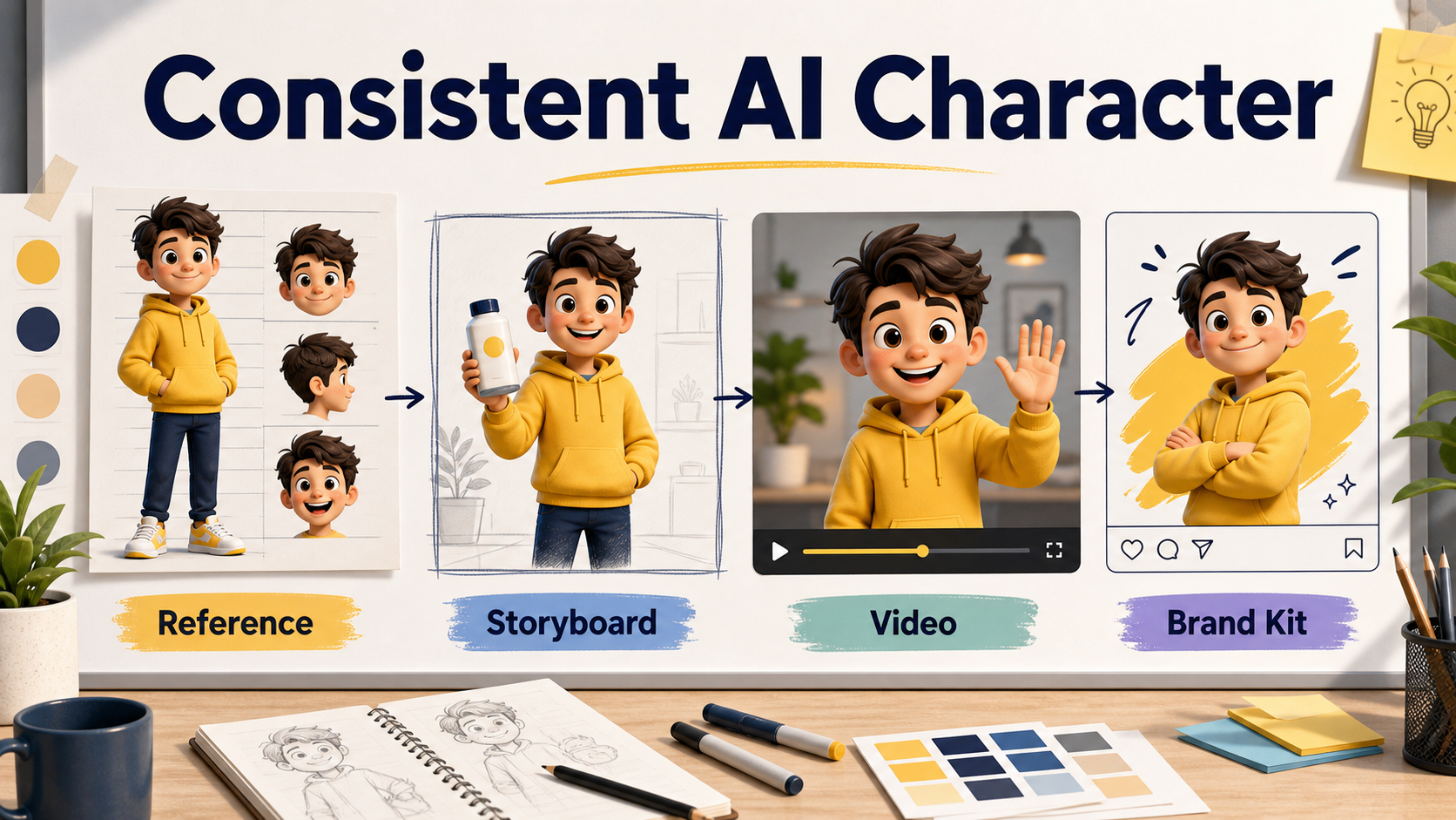 Consistent AI character workflow showing reference sheet, storyboard frame, video scene, and brand kit