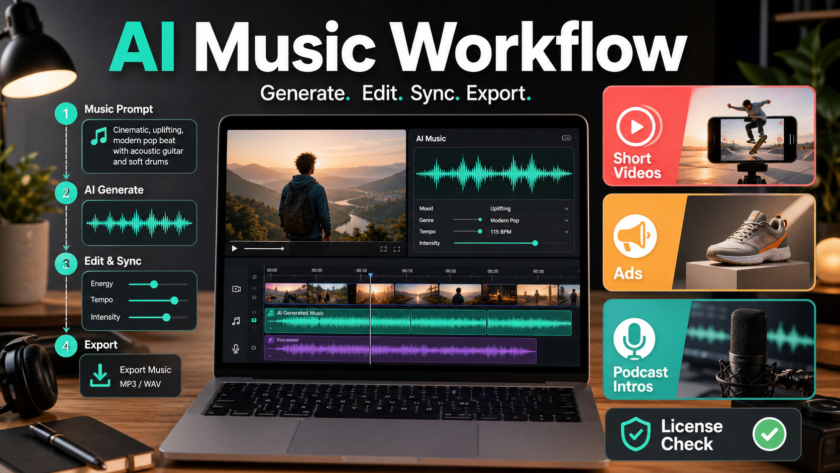 AI music workflow for short videos, ads, podcast intros, and license checks