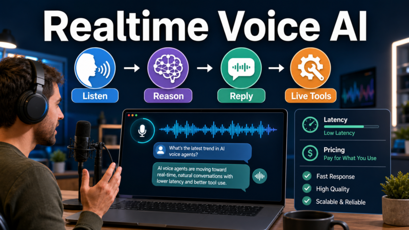 Realtime voice AI workflow showing listen, reason, reply, and live tools steps