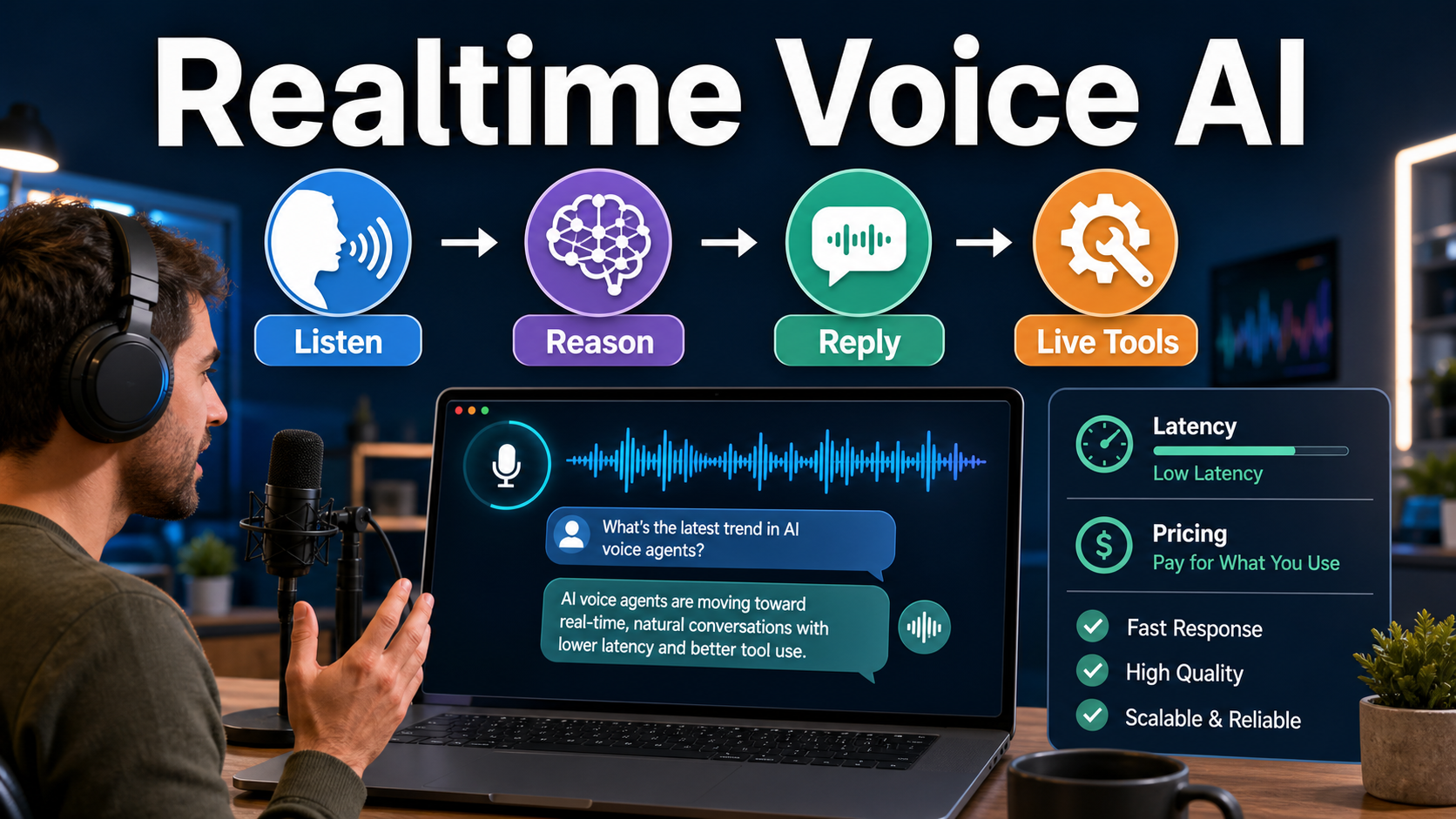 Realtime voice AI workflow showing listen, reason, reply, and live tools steps