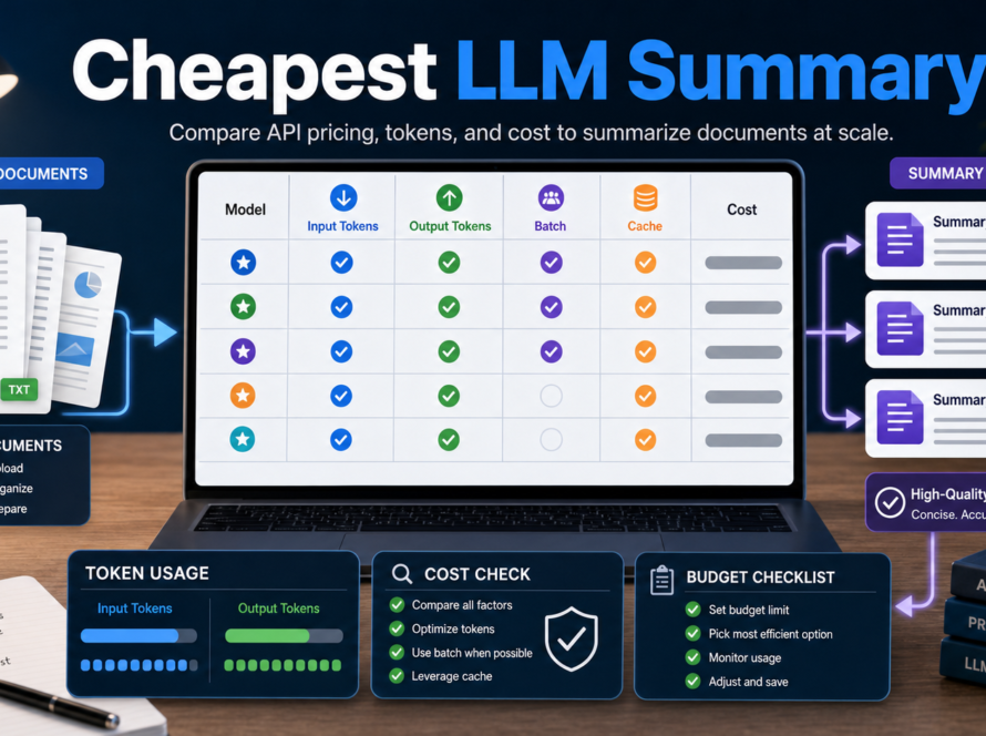 Document summarization workflow comparing LLM API input tokens, output tokens, batch jobs, and cache use