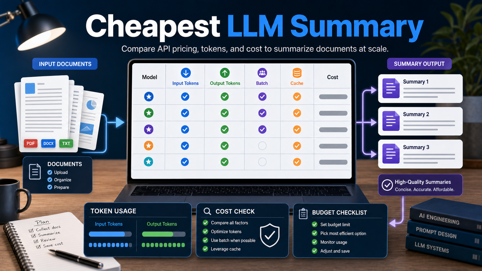 Document summarization workflow comparing LLM API input tokens, output tokens, batch jobs, and cache use