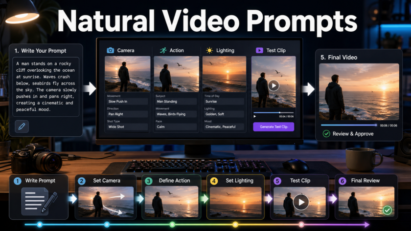 Text to video AI prompt workflow showing camera, action, lighting, and test clip steps for natural motion