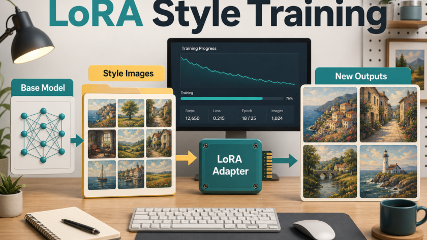 LoRA style training workflow showing base model, style images, LoRA adapter, and new AI image outputs