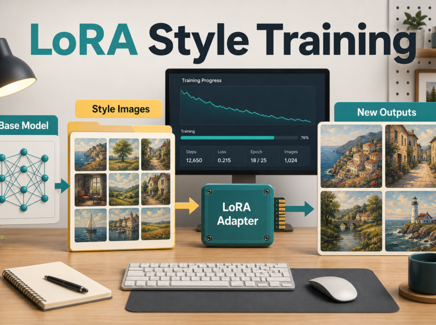 LoRA style training workflow showing base model, style images, LoRA adapter, and new AI image outputs