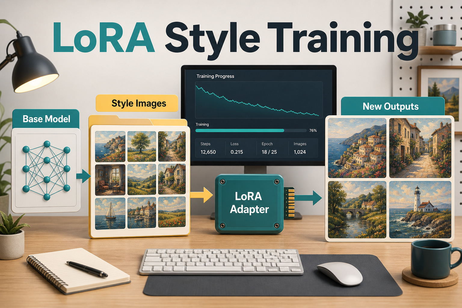 LoRA style training workflow showing base model, style images, LoRA adapter, and new AI image outputs