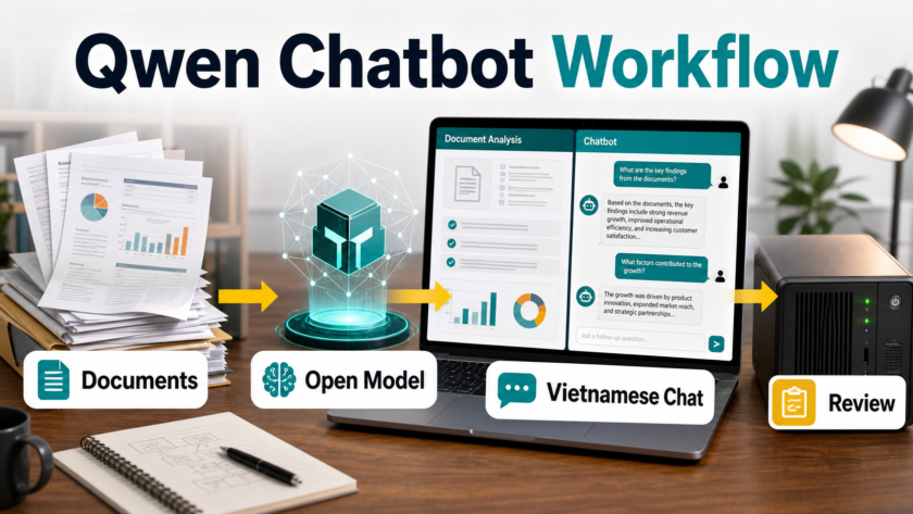 Qwen open model workflow for Vietnamese chatbot and document analysis with documents, model, chat, and review steps