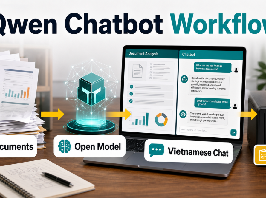 Qwen open model workflow for Vietnamese chatbot and document analysis with documents, model, chat, and review steps