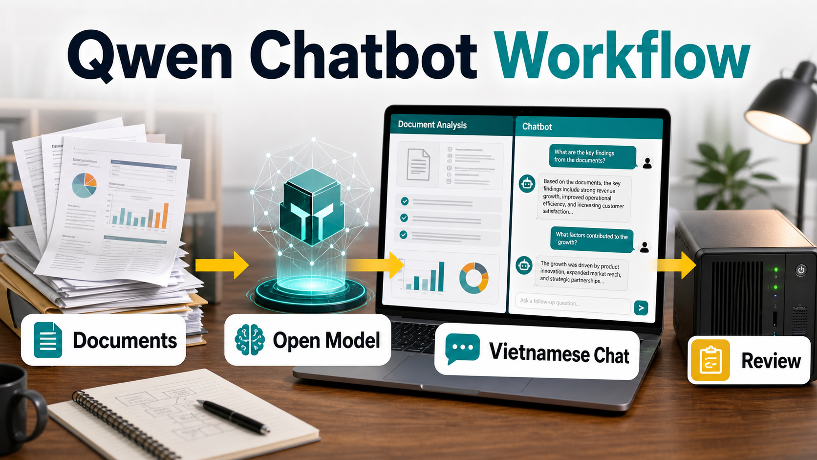 Qwen open model workflow for Vietnamese chatbot and document analysis with documents, model, chat, and review steps