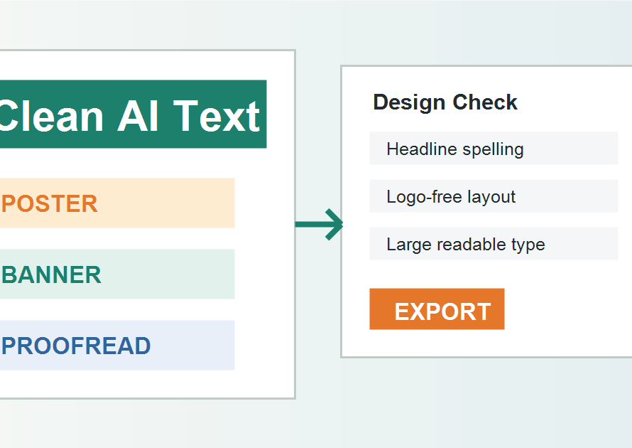 AI poster and banner design workflow with large readable English text and proofreading labels