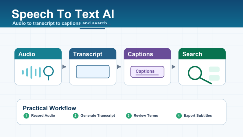 Speech to text AI workflow converting meeting audio into transcript, captions, search, and summaries