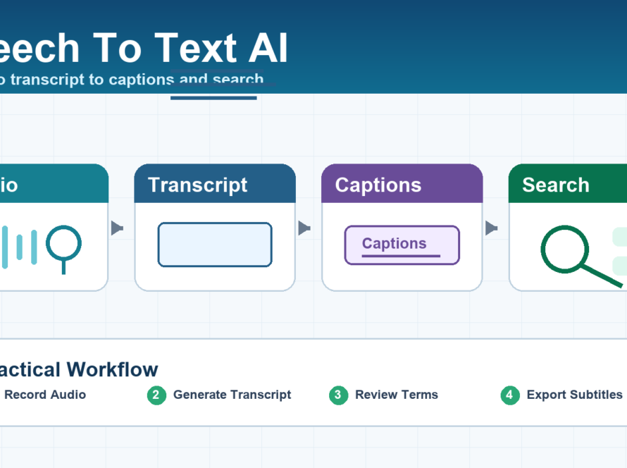 Speech to text AI workflow converting meeting audio into transcript, captions, search, and summaries
