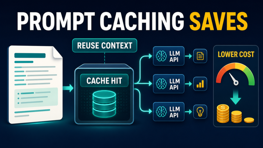Prompt caching workflow showing reused context, cache hits, repeated LLM API calls, and lower costs