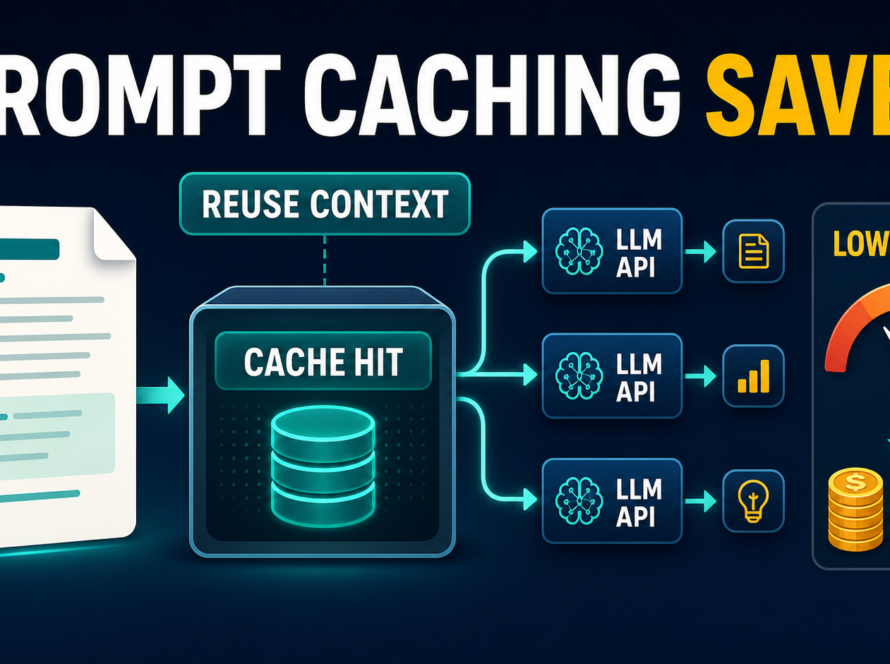 Prompt caching workflow showing reused context, cache hits, repeated LLM API calls, and lower costs