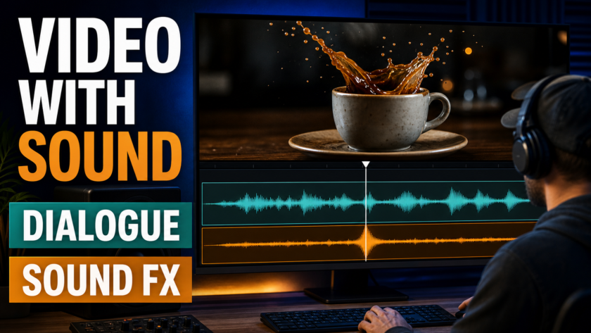 Creator editing an AI-generated coffee advertisement with synchronized dialogue and sound-effect waveforms.