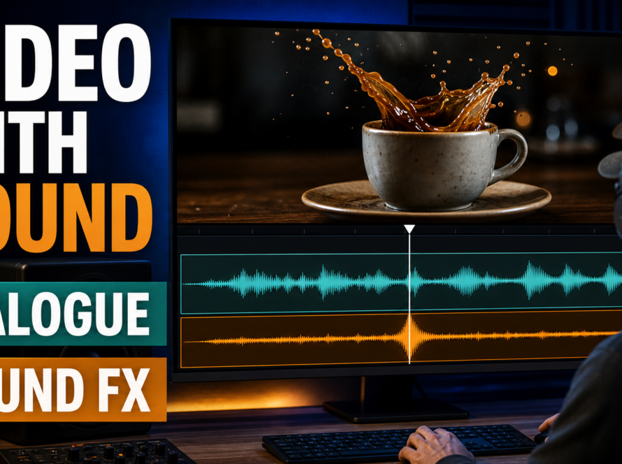 Creator editing an AI-generated coffee advertisement with synchronized dialogue and sound-effect waveforms.