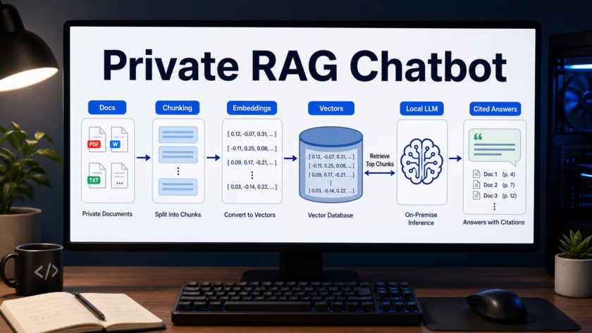 Private RAG chatbot workflow showing documents, embeddings, vectors, a local LLM, and cited answers