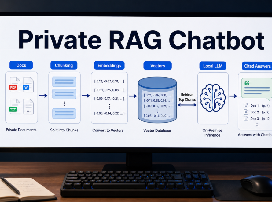 Private RAG chatbot workflow showing documents, embeddings, vectors, a local LLM, and cited answers