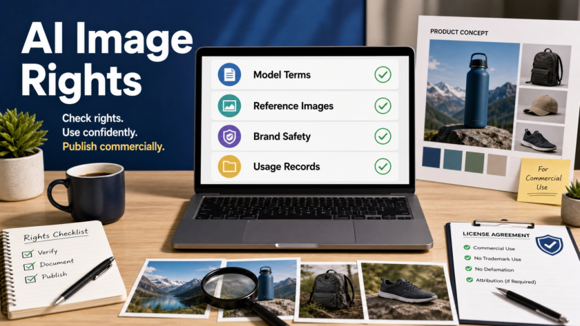 Commercial AI image rights checklist on a laptop with model terms, reference images, brand safety, and usage records.