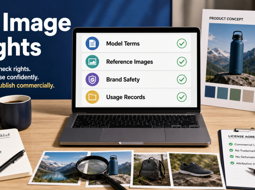 Commercial AI image rights checklist on a laptop with model terms, reference images, brand safety, and usage records.