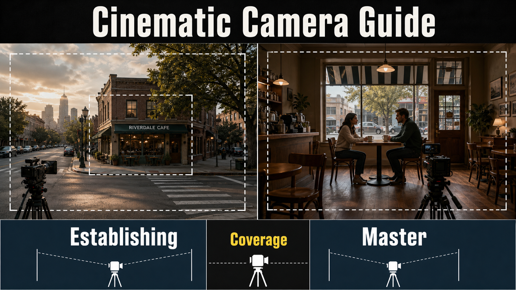 Establishing exterior and master interior camera coverage for an AI video cafe scene