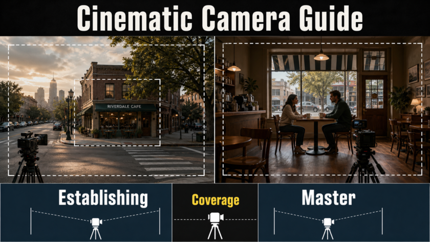 Establishing exterior and master interior camera coverage for an AI video cafe scene