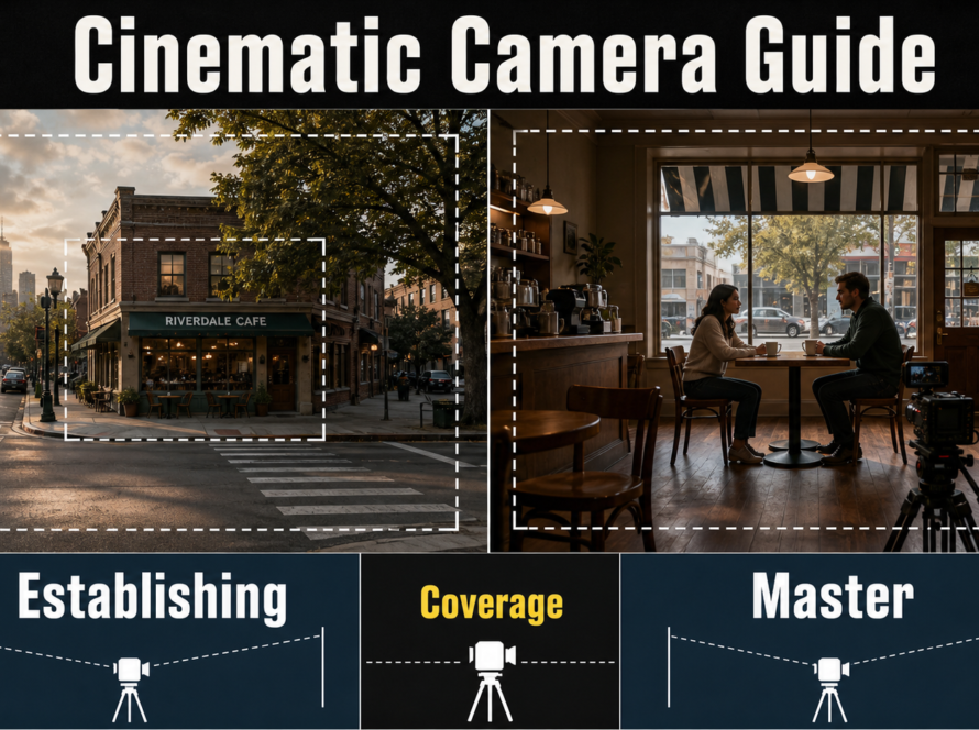 Establishing exterior and master interior camera coverage for an AI video cafe scene