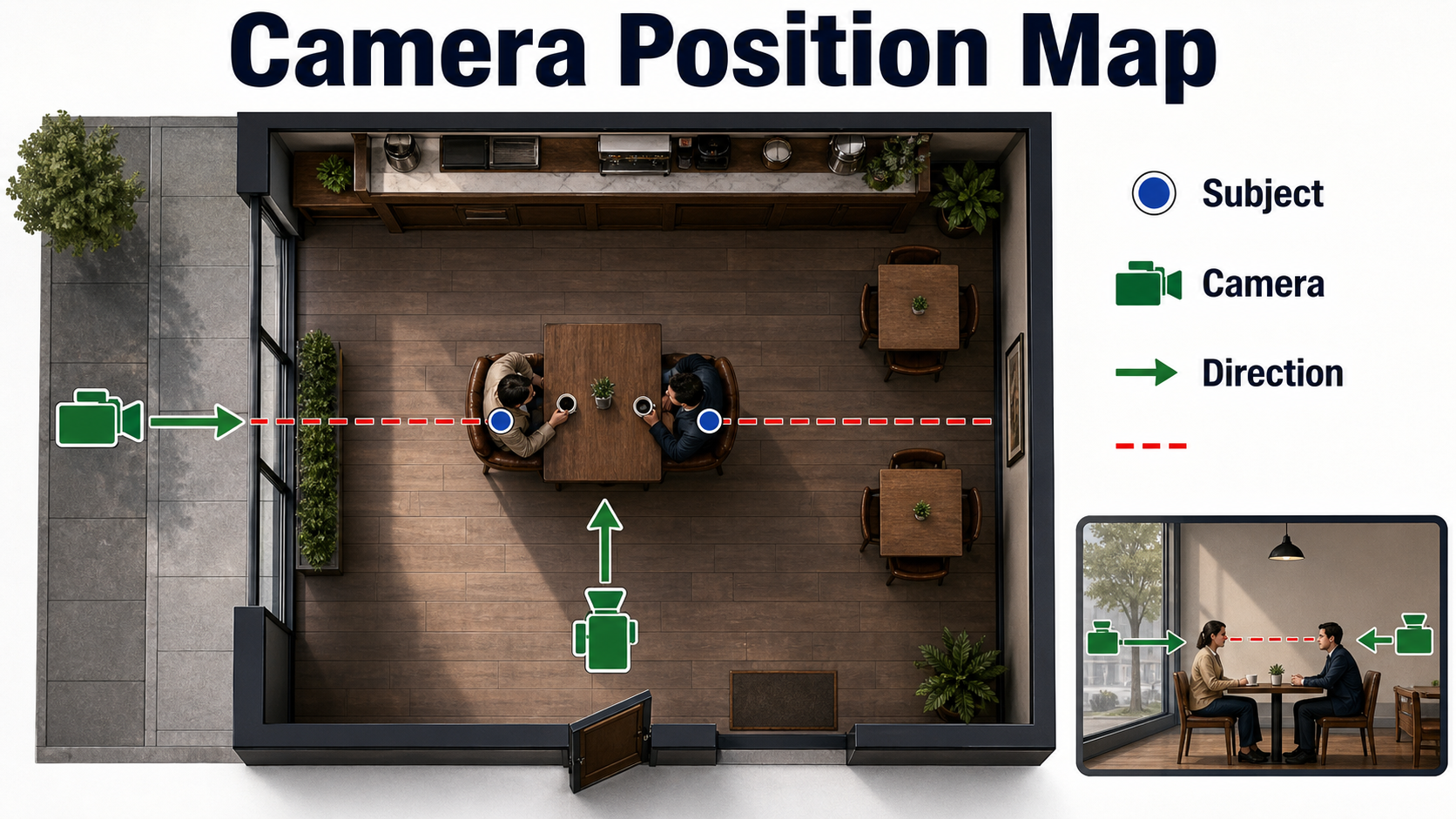 Top-down camera position map for a two-person cafe master shot