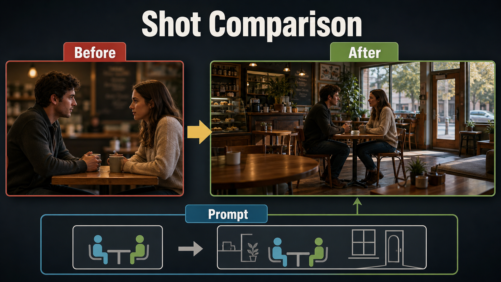 Before and after comparison of an ambiguous shot and a clear cafe master shot
