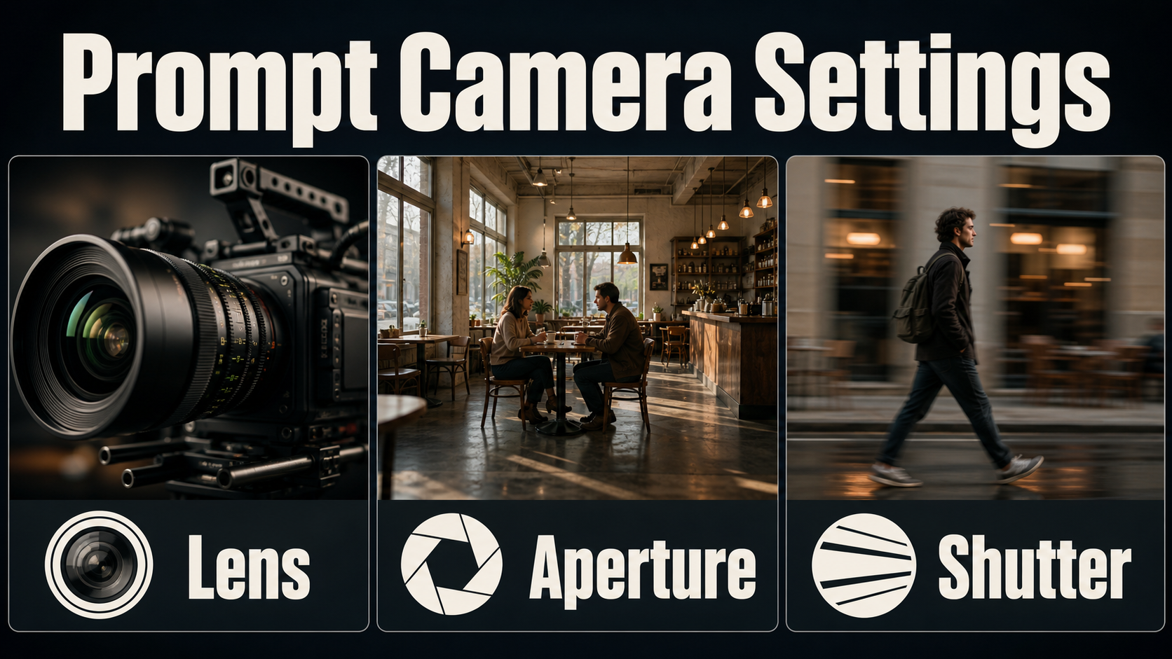 Lens aperture and shutter visual settings for a cinematic AI video prompt
