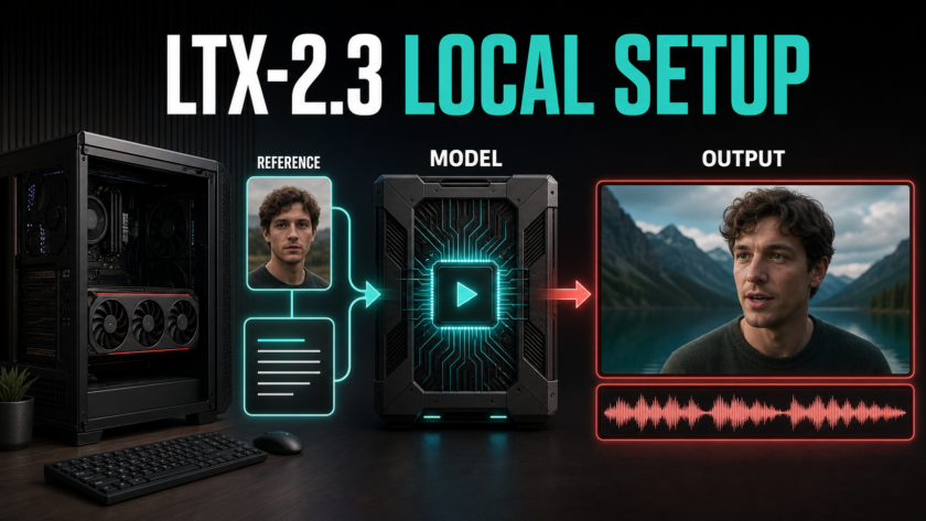 LTX-2.3 local setup workflow with GPU, reference image, model, video output, and audio waveform